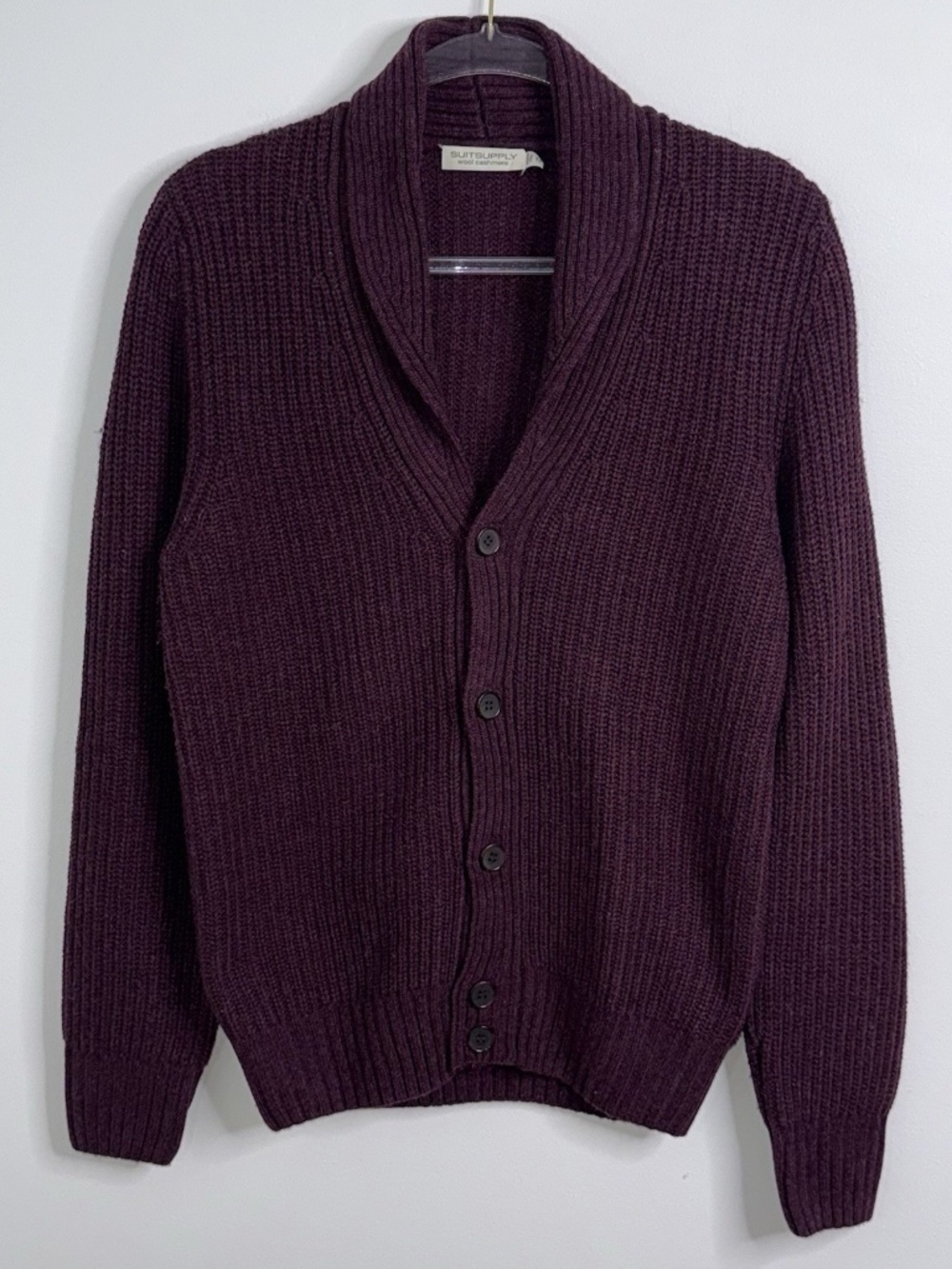 SUITSUPPLY Men’s Burgundy Ribbed Shawl Collar Wool Cashmere Cardigan Small